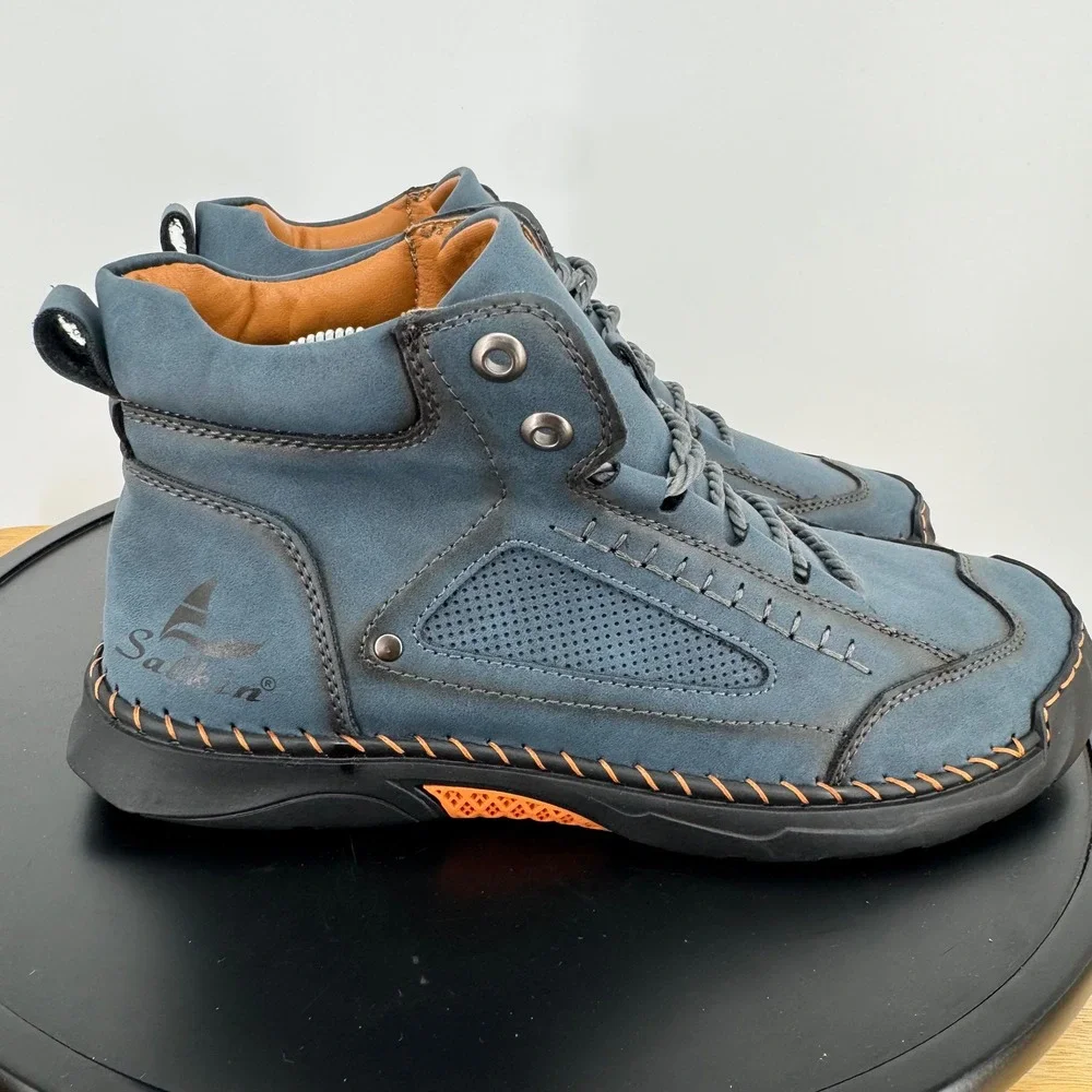 Salkin USA 2.0 Mens Slate Blue Leather Handcrafted Barefoot Hiking Boots Size 10